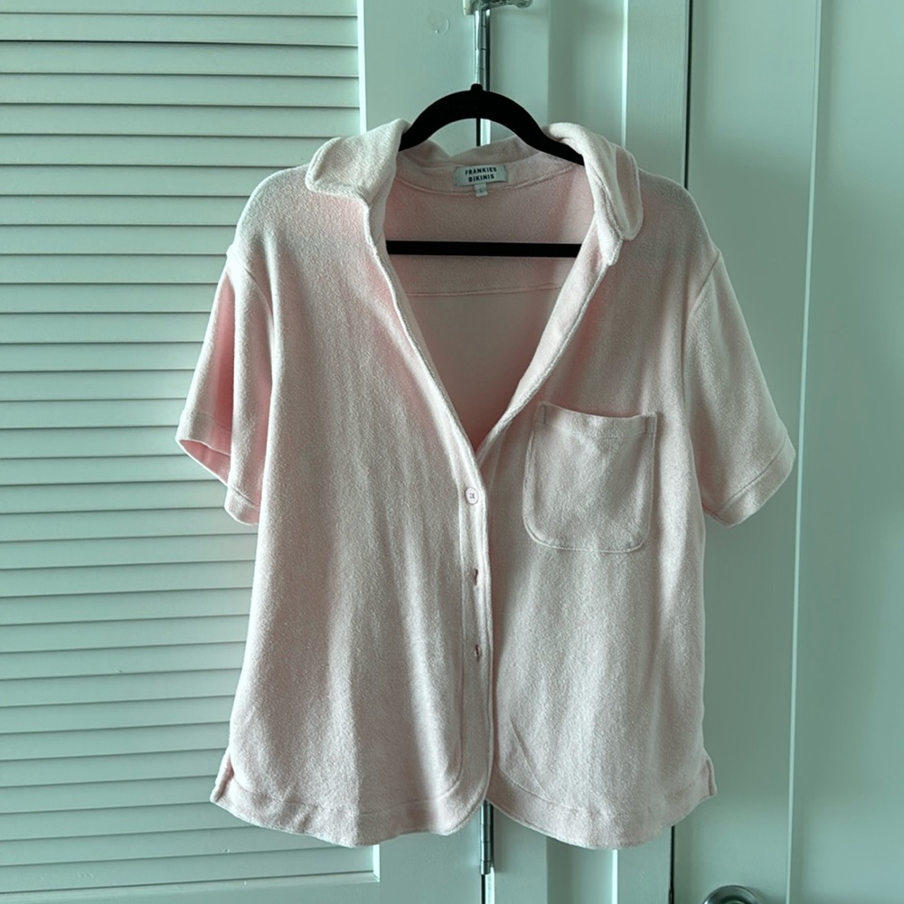 Frankies bikinis pink terry cloth beach cover up/ shirt